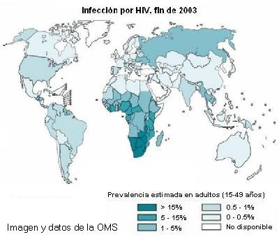 Mapa de infección por VIH por países, datos de finales de 2003