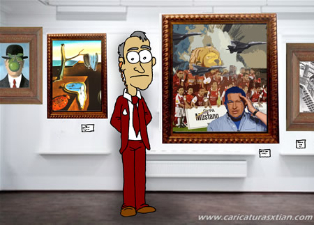 En una galería de arte, un cuadro con Hugo Chávez en primer plano, luego la formación del Santa Fe y al fondo aviones venezolanos flanqueando el volcán Galeras