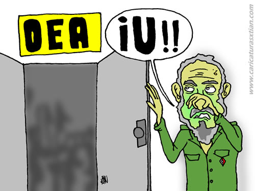 Fidel Castro en la entrada de la OEA: ¡¡Iu!!