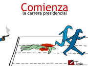 Comienza la carrera presidencial - Tres corredores en una pista, dos avanzan mientras uno cae al suelo en medio de un charco de sangre, tras el disparo que da la largada