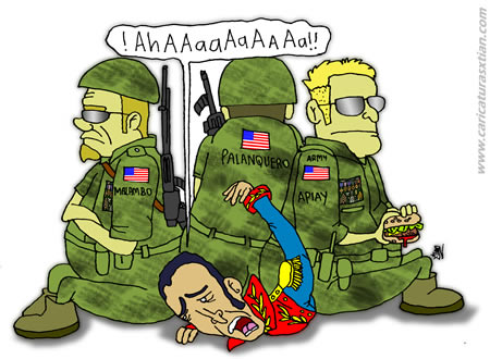 Tres soldados estadounidenses, cada uno de ellos con los nombres de las bases militares que Colombia 'prestará' a EUA, aparecen sentados sobre Simón Bolívar, quien grita del dolor