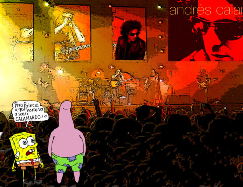 En un concierto de Calamaro, Bob Esponja le dice a Patricio Estrella: 'Pero, Patricio, ¿a qué horas va a salir CALAMARDO?'