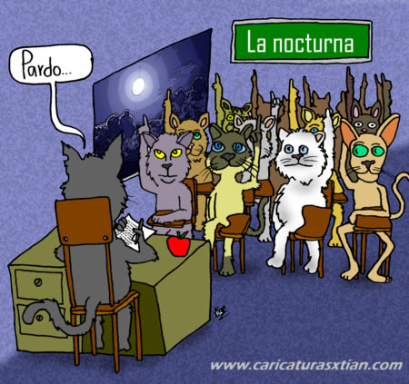 En una escuela de gatos llamada 'La nocturna', el profesor llama a 'Pardo...' y todos levantan la mano