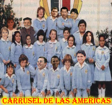 Fotomontaje de los rostros de los presidentes de Colombia, Venezuela, Ecuador, Bolivia, Argentina, Estados Unidos, Bolivia, Chile, Brasil y Perú sobre algunos personajes de la telenovela mexicana 'Carrusel de las Américas'