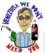 Álvaro Uribe aparece con una pistola de un dipensador de gasolina una en una mano y con una botella de Coca-Cola en la otra, rodeado de la leyenda 'Venezuela, we dont need you'
