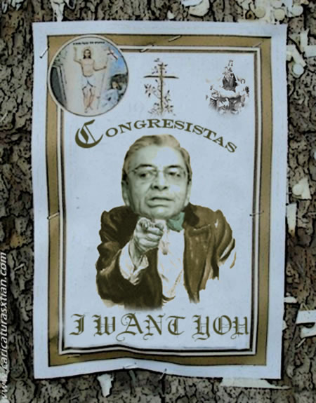Fotomontaje con el rostro del ministro del Interior Fabio Valencia Cossio, rodeado del texto 'Congresistas, I want you' en una especie de sufragio colgado en un tronco