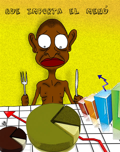 'Qué importa el menú', una persona -raquítica- de raza negra se dispone a 'comer' un gráfico en forma de pastel