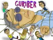 Uribe, gigante, aparece como Gulliver, rodeado de Antanas Mockus, Sergio Fajardo, Gustavo Petro, Luis Eduardo Garzón, Enrique Peñalosa y Noemí Sanín