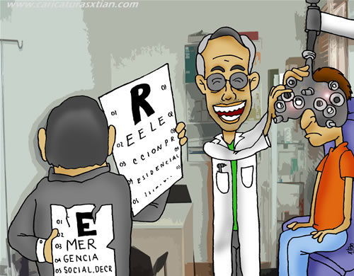 Uribe de optómetra: al lado, una tabla con 'R e e le cción'; escondida en la espalda de su asistente, una con 'E mer gencia social....'