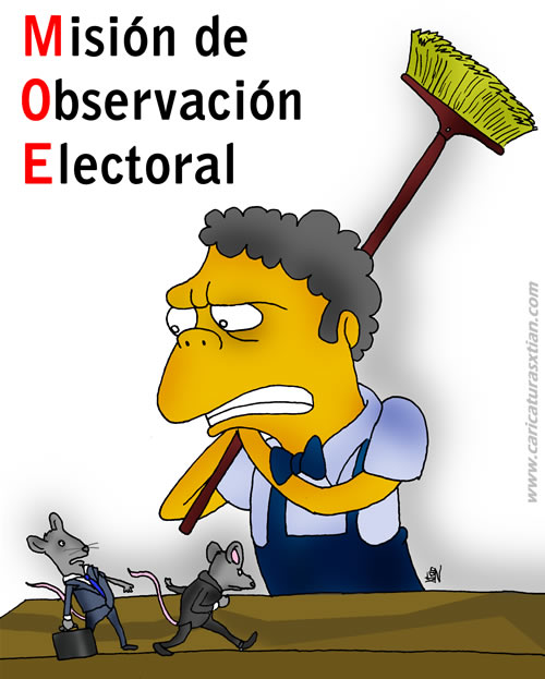 Moe Szyslak, personaje de Los Simpson, aparece con una escoba, mientras unas ratas de saco y corbata caminan frente a él...