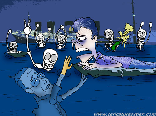 Al fondo un barco como el Titanic, más cerca varios esqueletos celebrando y Juan Manuel Santos en una balsa, mientras Álvaro Uribe Vélez se hunde en el mar