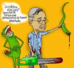 Uribe: —La culebra está viva pero con la seguridad democrática la hemos debilitado. // Uribe sostiene una motosierra ensangrentada en una mano y en la otra un trozo de cola de una culebra, que detrás de él se desternilla de risa