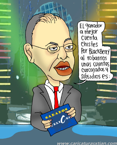 El Registrador Nacional, Carlos Ariel Sánchez, sostiene una tarjeta que dice 'Sábados FeliCes' (la C es la del logo del Partido Conservador): -El ganador a mejor cuentachistes por Blackberry al robarnos unas cuantas carcajadas y subsidios es...