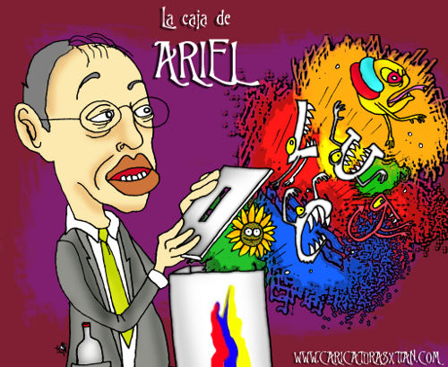 Carlos Ariel Sánchez, registradotr nacional, abre una caja de la que salen los logos de los principales partidos políticos, algunos de ellos con colmillos, ojos, brazos, etc.