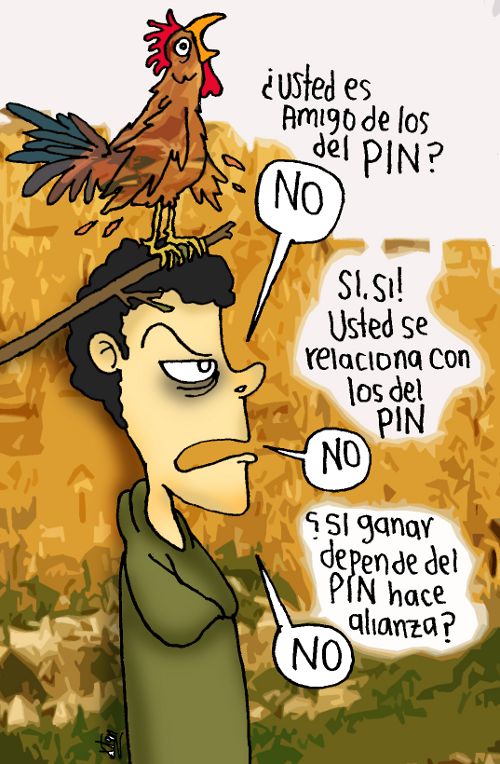 Un gallo y Juan Manuel Santos: —¿Usted es amigo de los del PIN? —No —Sí, sí, usted se relaciona con los del PIN —No —¿Si ganar depende del PIN hace alianza? —No