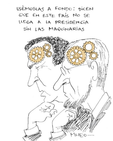 Caricatura en la que aparecen Mockus y Fajardo con pose de pensadores y engranes en la cabeza: 'Usémoslas a fondo: dicen que en este país no se llega a la presidencia sin las maquinarias'