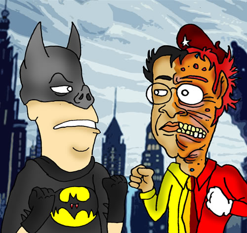 Juan Manuel Santos disfrazado de Batman y Gustavo Petro como Dos Caras