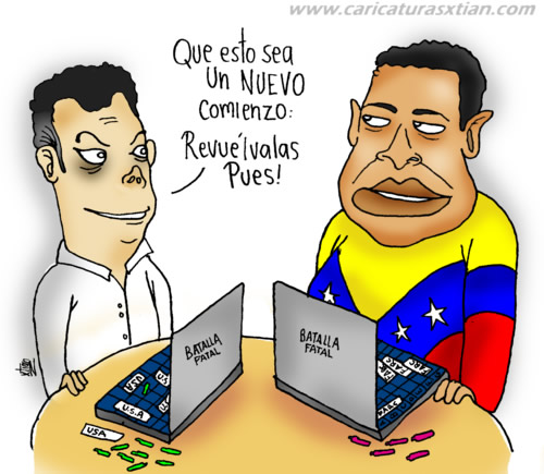 Juan Manuel Santos le dice a Hugo Chávez: —Que esto sea un nuevo comienzo: revuélvalas pues. Ambos tienen en frente juegos de Batalla Mortal.