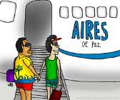 Cogidos de la mano, Hugo Chávez y Juan Manuel Santos están listos a abordar un avión que tiene pintada la leyenda 'Aires de paz'