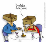 Una pareja de humanos con cabeza de cajón cenan en un restaurante. La mujer le dice al hombre: —Es usted un poeta, Jaime