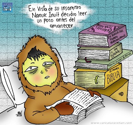 Aparece un esquimal en cama sosteniendo un libro abierto, con una pila de libros al lado. El narrador dice: En vista de su insomnio Nanuk Inuit decidió leer un poco antes del amanecer