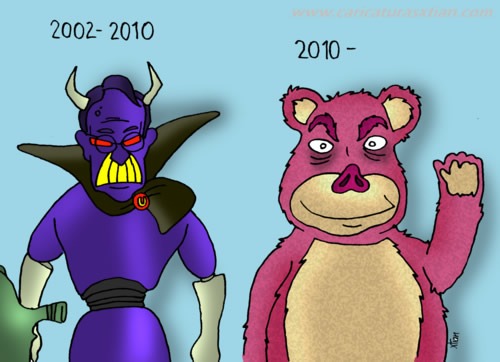 Aparecen Álvaro Uribe Vélez como el Emperador Zurg (encima de él la leyenda '2002-2010') y Juan Manuel Santos como Lotso (encima de él la leyenda '2010') [villanos de 'Toy Story 2' y 'Toy Story 3', respectivamente]