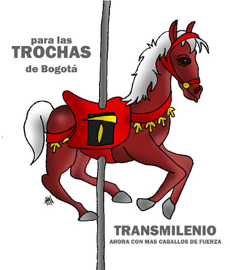 Aparece un caballo de carrusel con el logo de Transmilenio. A su alrededor, la leyenda 'para las trochas de Bogotá, Transmilenio: ahora con más caballos de fuerza'