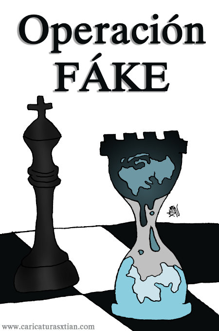 Aparece un tablero de ajedrez, con el logo de Wikileaks en posición de jaque respecto al rey negro. Al fondo, la leyenda 'Operación FÁKE'