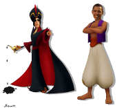 Aparecen Barack Obama como Aladino y Muamar Gadafi como el villano Jafar, sosteniendo una lámpara mágica que derrama petróleo