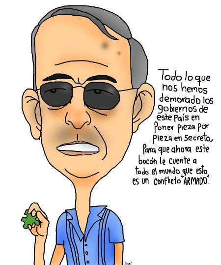 Uribe, sosteniendo la ficha de un rompecabezas: —Todo lo que nos hemos demorado los gobiernos de este país en poner pieza por pieza en secreto, para que ahora este bocón le cuente a todo el mundo que esto es un conflicto 'armado' 