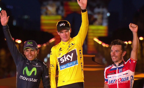 Podio del Tour de Francia 2013, Nairo Quintana está a la izquierda de la imagen